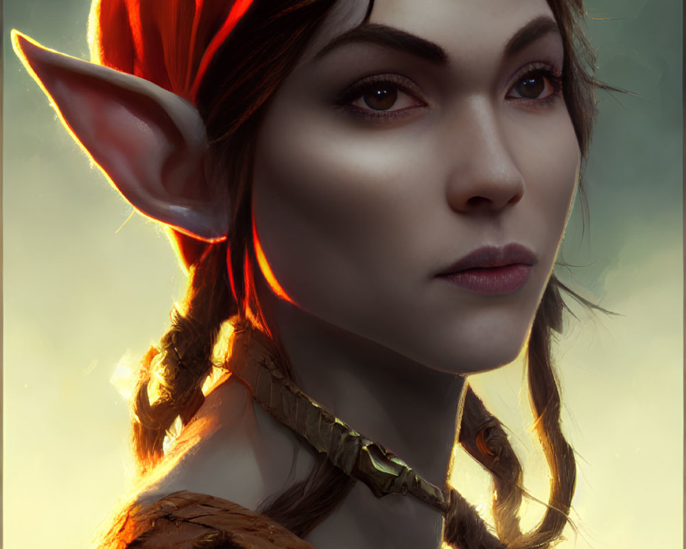 Fantasy female elf digital portrait in red cap with soft backlight