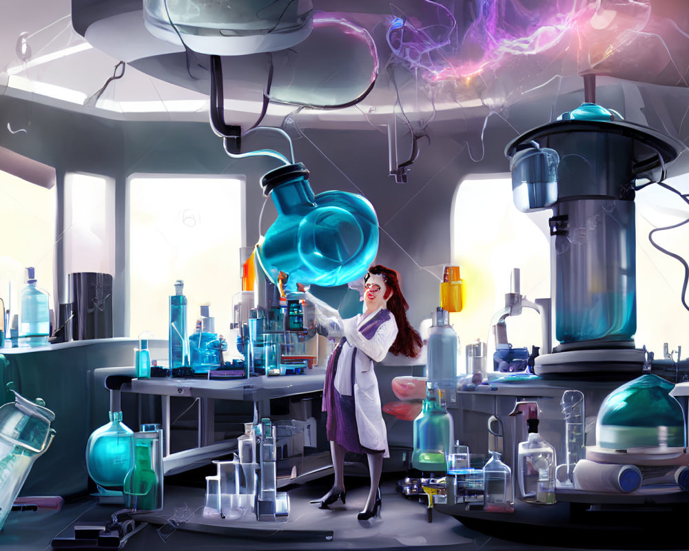 Futuristic scientist lab with colorful chemicals and advanced equipment