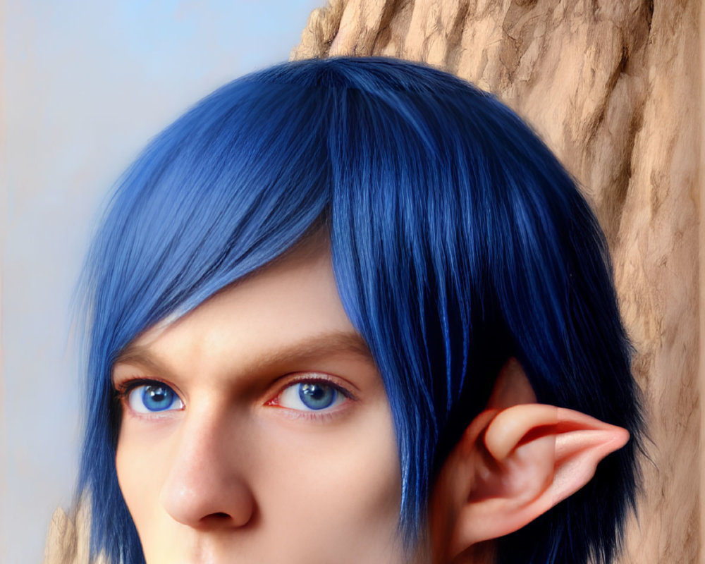 Digital artwork of person with pointed ears and blue hair leaning against tree under cloudy blue sky