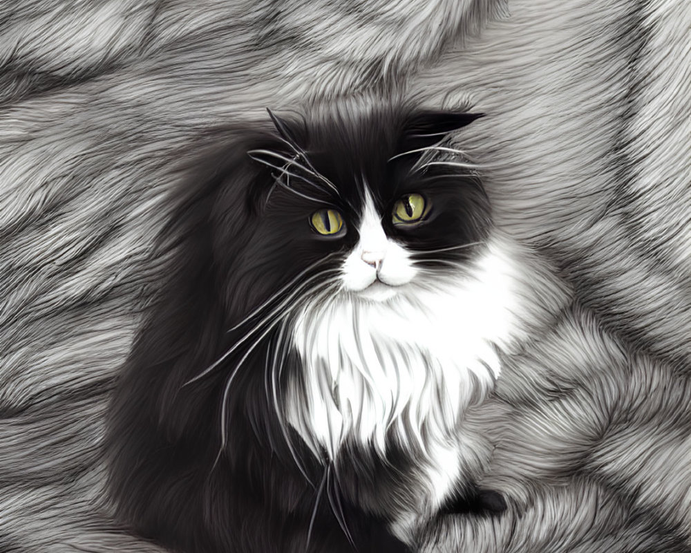 Fluffy Black and White Cat with Bright Eyes on Gray Textured Blanket