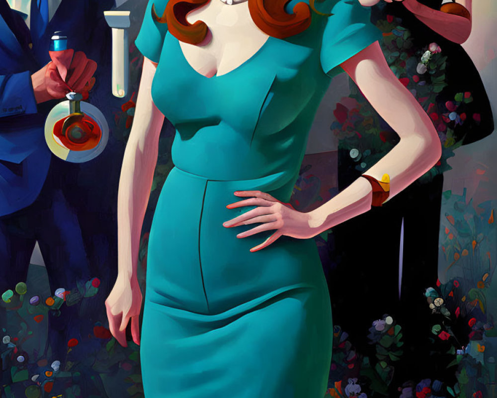 Stylized digital painting of woman in red hair and turquoise dress with man and woman in background