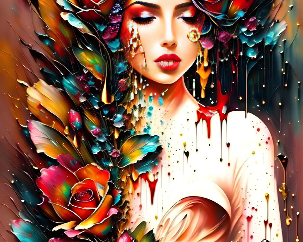 Colorful digital artwork of a woman with floral crown and abstract rose motifs