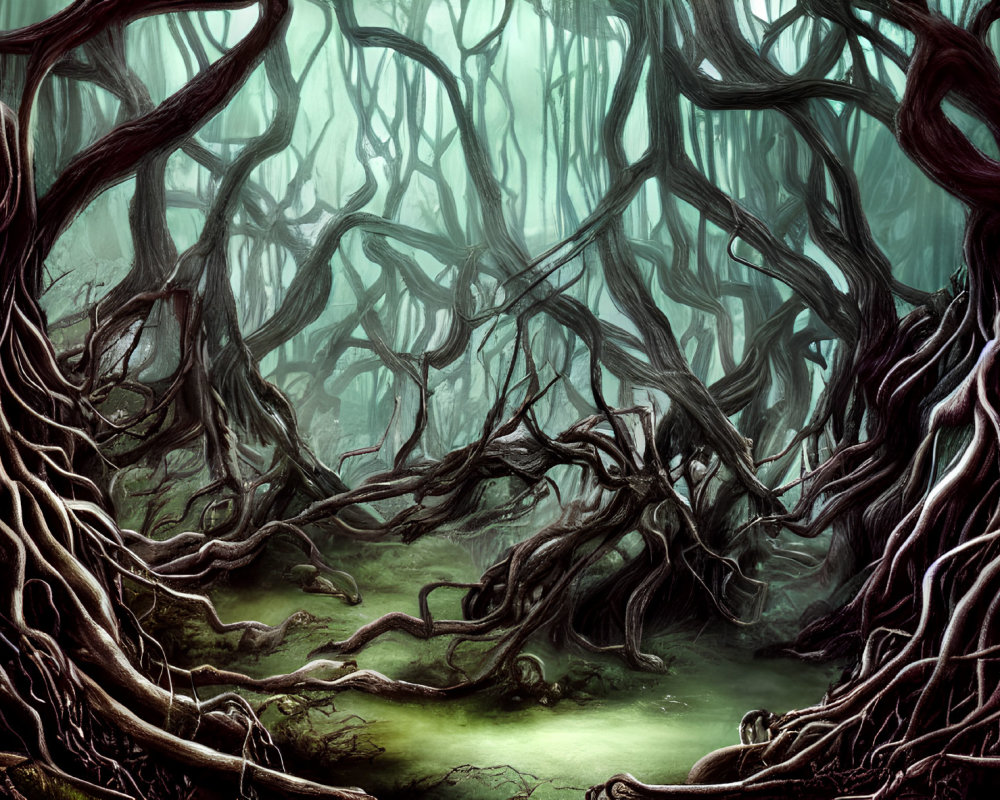 Twisted tree roots and branches in eerie, glowing forest