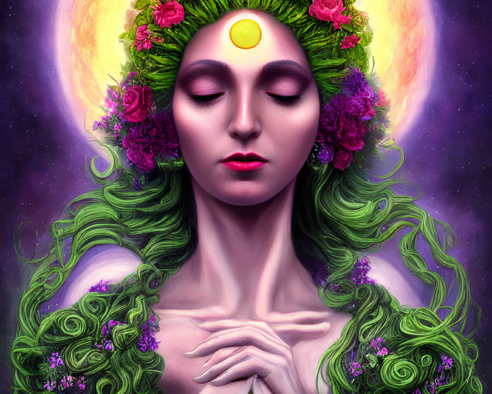 Woman with Green Hair and Flower Crown in Meditative Pose on Celestial Background