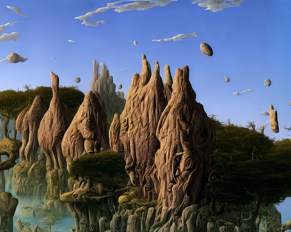 Fantastical landscape with towering tree-like structures and floating rocks