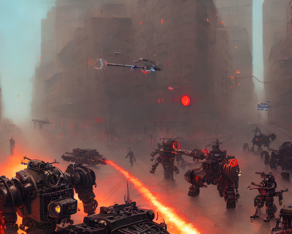 Dystopian cityscape with robots, hovercraft, and massive beam