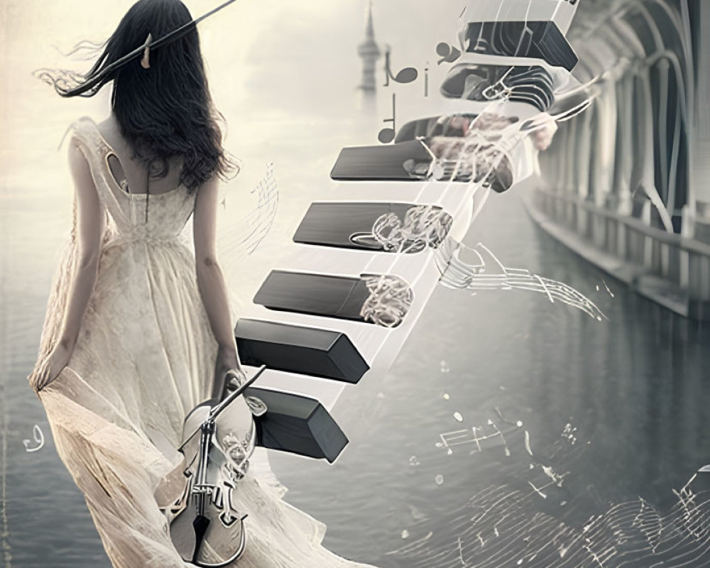 Woman in flowing gown plays violin with magical musical notes and piano keys swirling by the sea