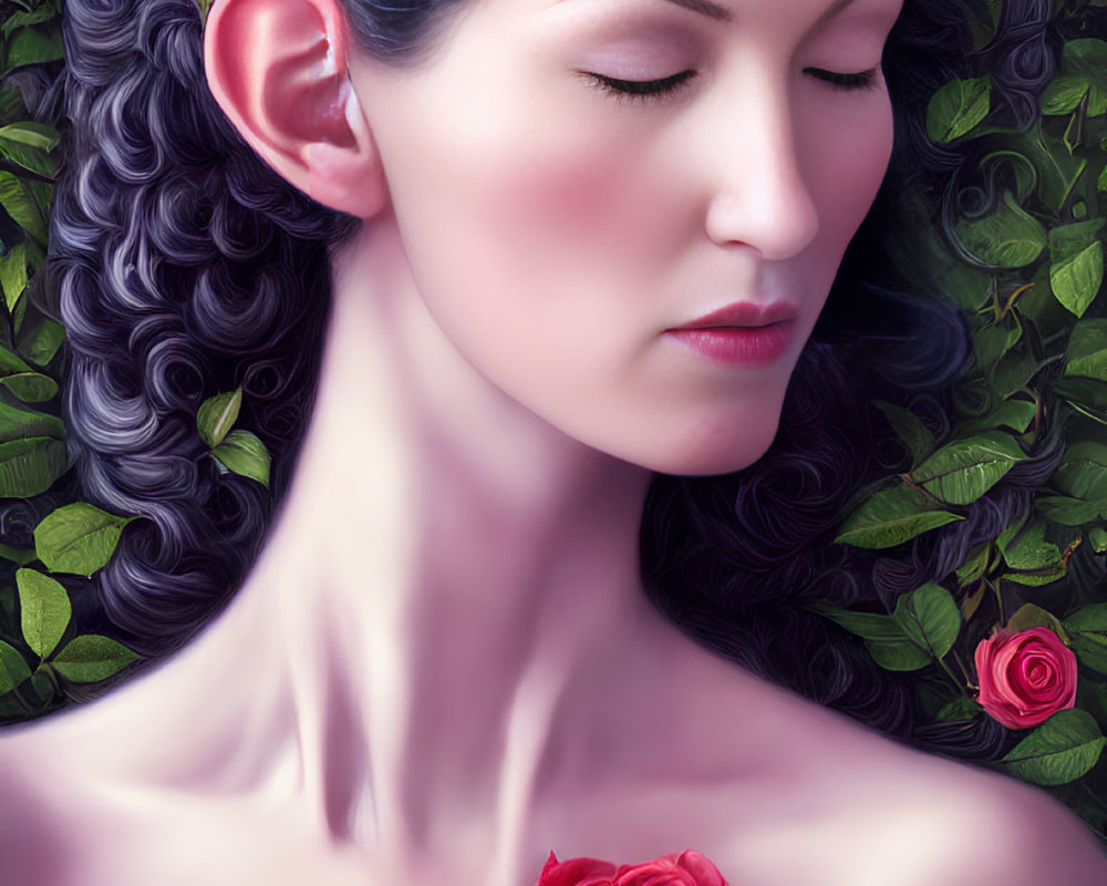 Illustration of woman with rose crown in serene natural setting