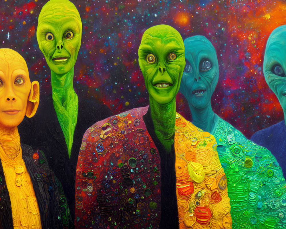 Four colorful alien figures with textured skin on vibrant cosmic background