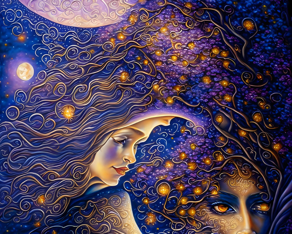 Colorful artwork: Two female profiles with flowing hair in cosmic setting