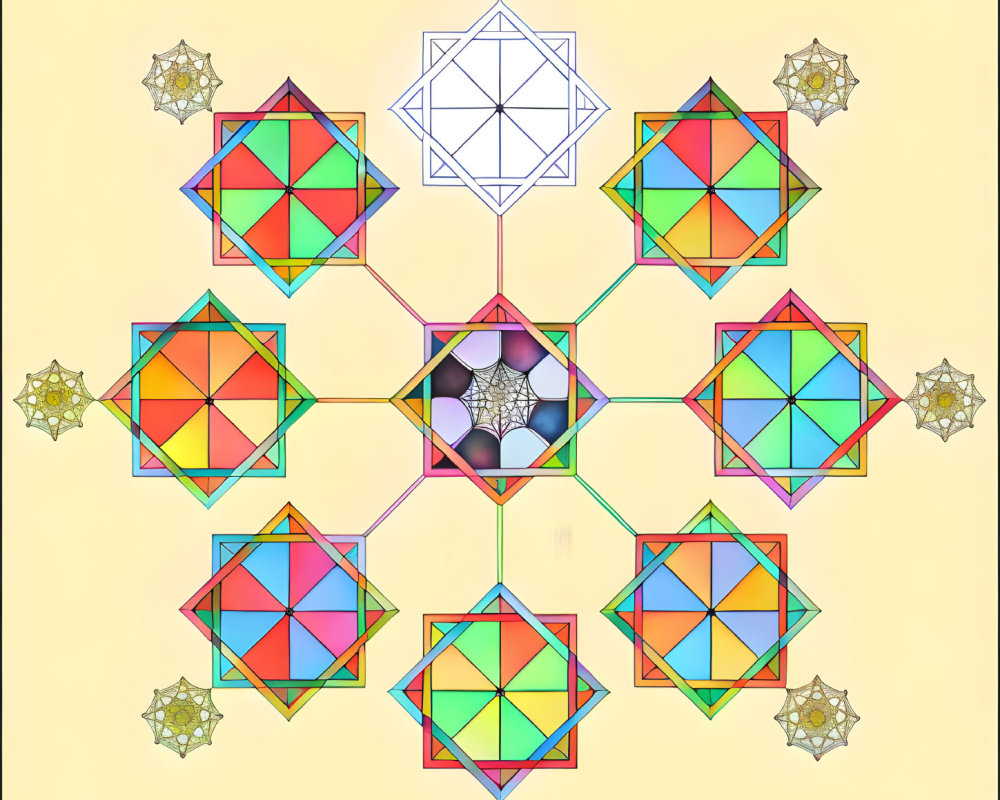 Vibrant geometric artwork with multicolored hexagon on yellow background