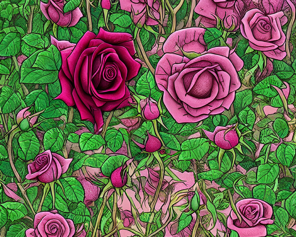 Stylized Pink and Red Roses Pattern with Green Leaves