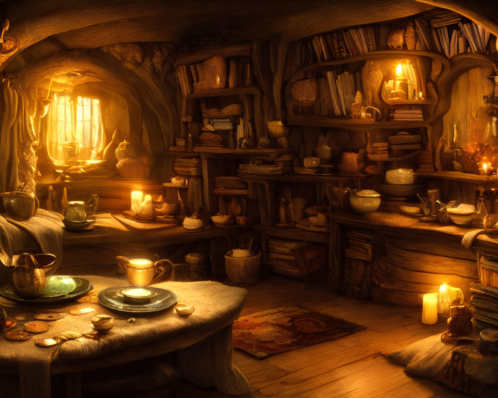 Warmly Lit Fantasy Hobbit-Style Interior with Curved Wooden Architecture and Glowing Fireplace