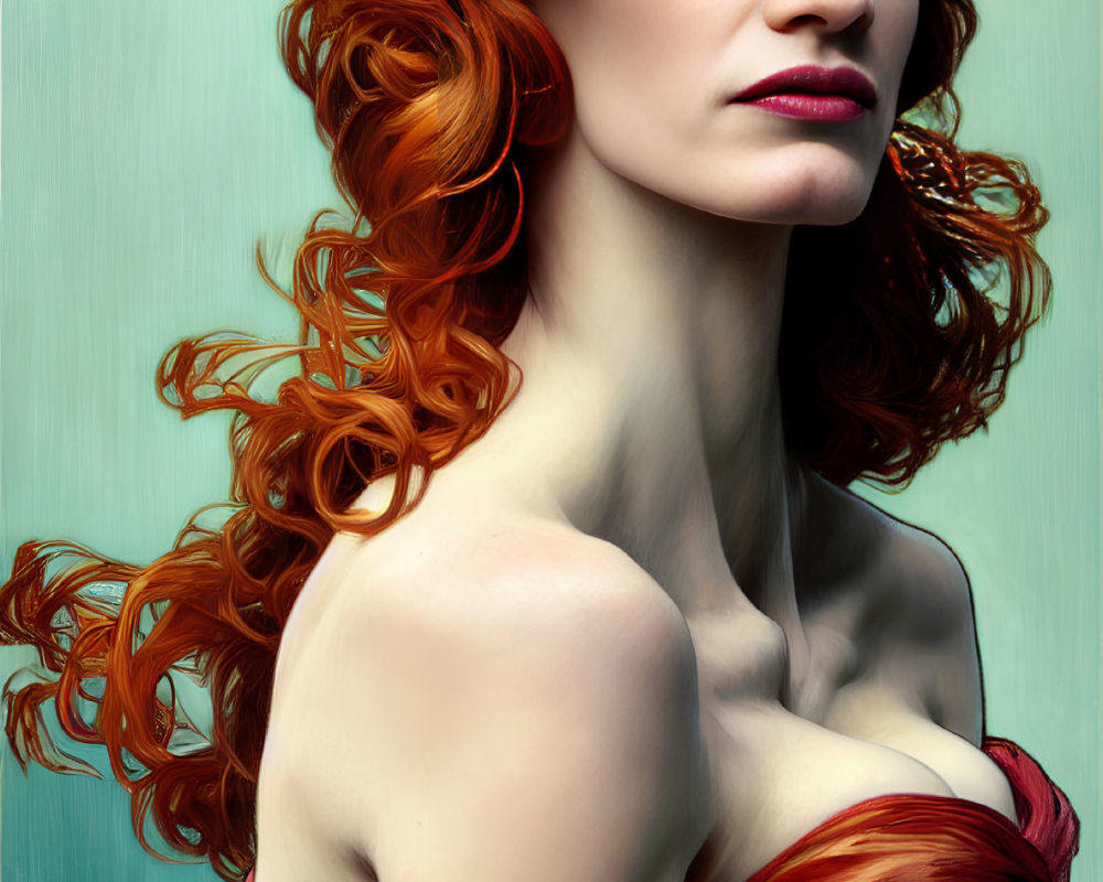 Digital art portrait of woman with red hair, fair skin, and bold makeup on teal background