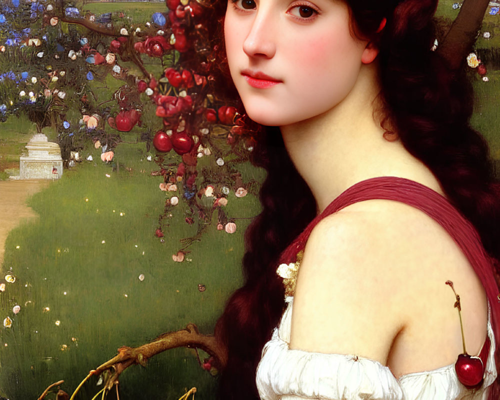 Classic Painting: Woman with Cherry Blossom Wreath and Cherries