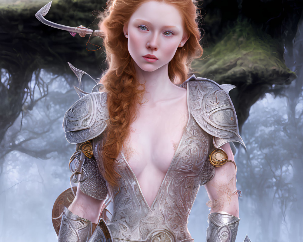 Red-haired female warrior in silver armor wields dagger in misty forest