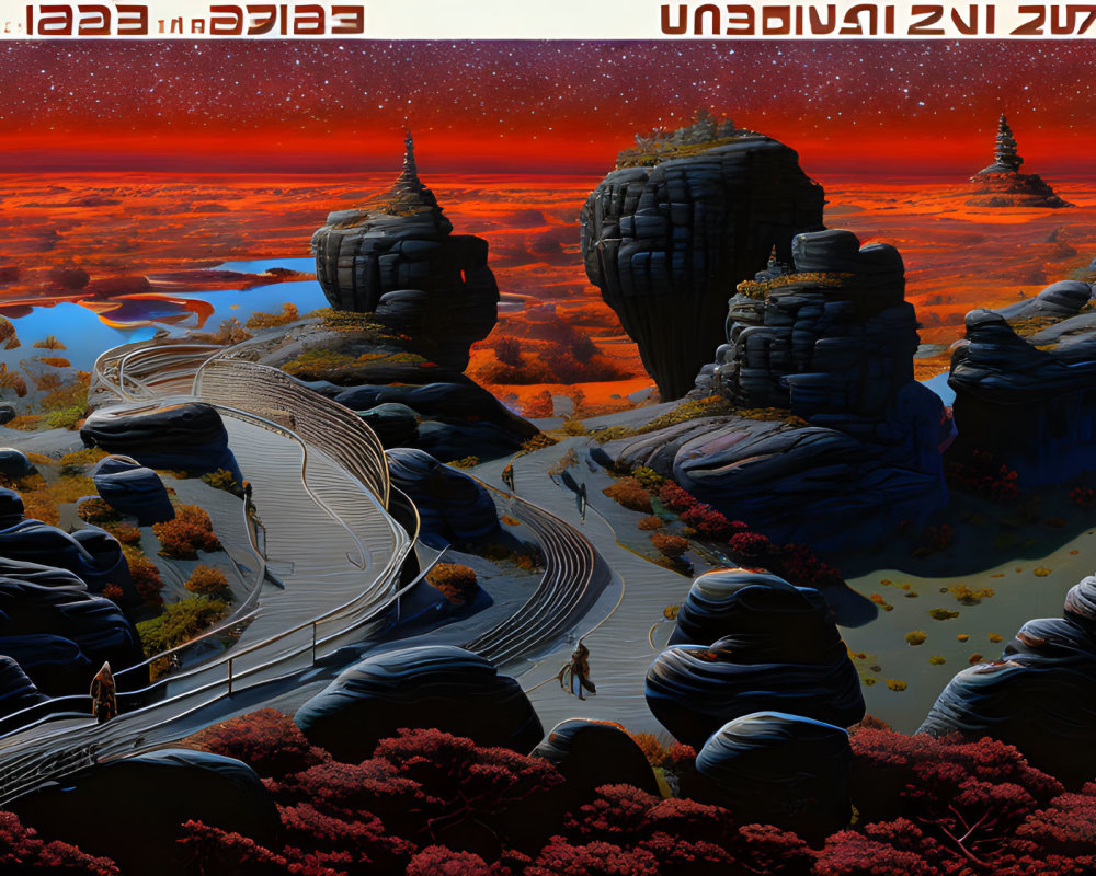 Alien landscape with towering rock formations and crimson vegetation