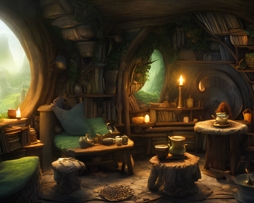 Warm Glow Fairy-Tale Cottage Interior with Wooden Furniture & Fireplace