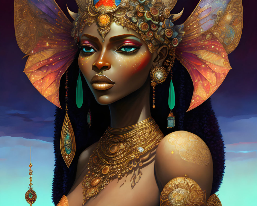 Illustration of woman with dark skin and golden jewelry under blue sky