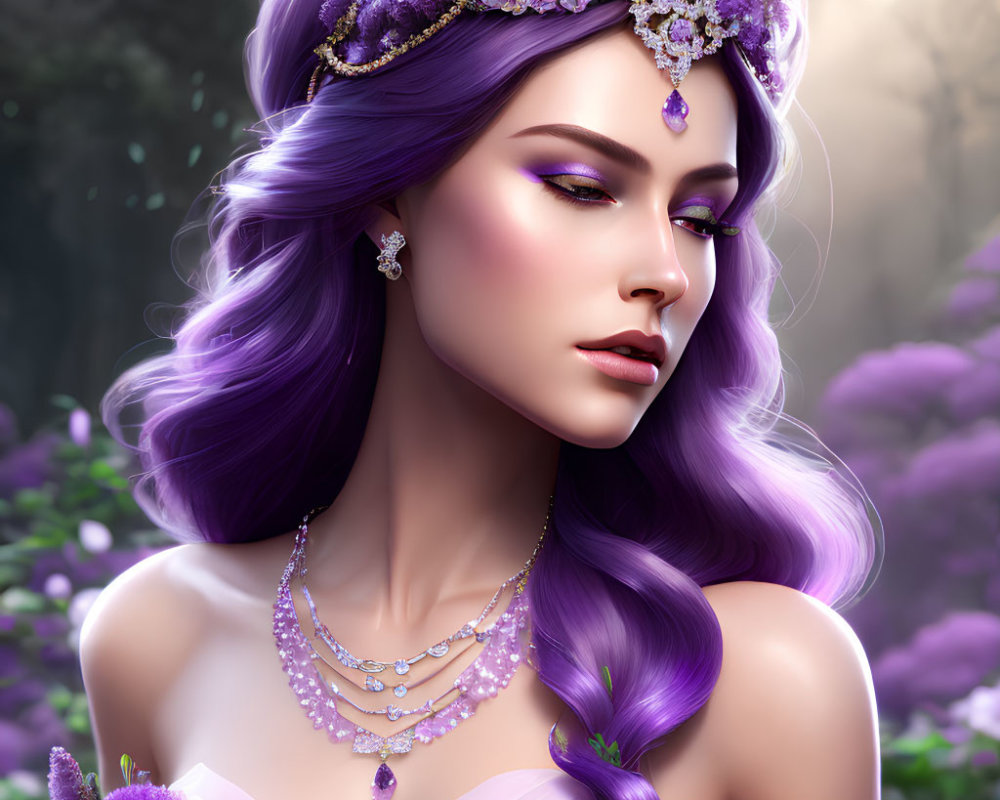 Woman with Purple Hair and Floral Tiara Surrounded by Violet Flowers