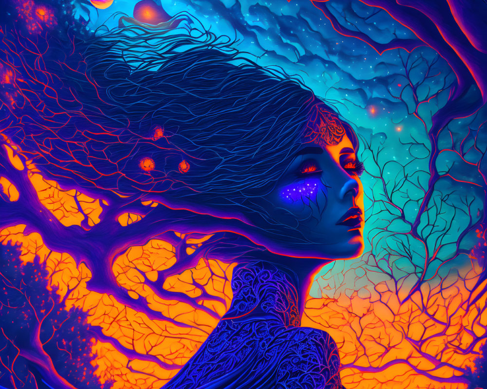 Digital Art: Woman's Profile with Tree Branch Hair in Cosmic Setting