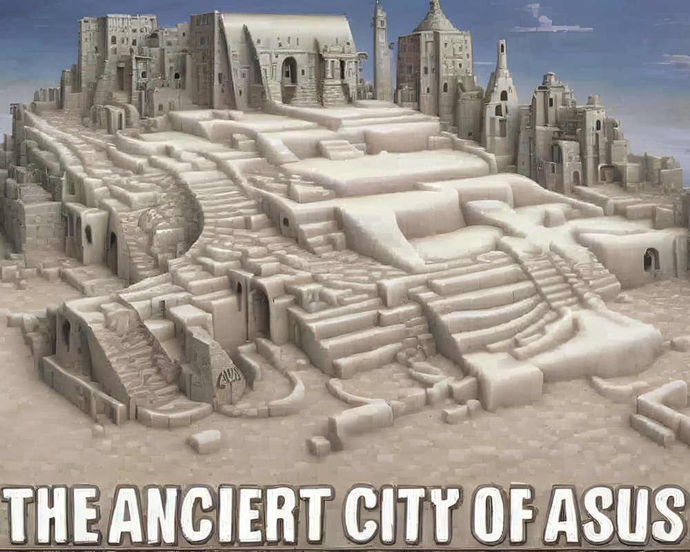 Illustrated fantasy city in desert hillside with ancient sandstone structures - "The Ancient City of Asus