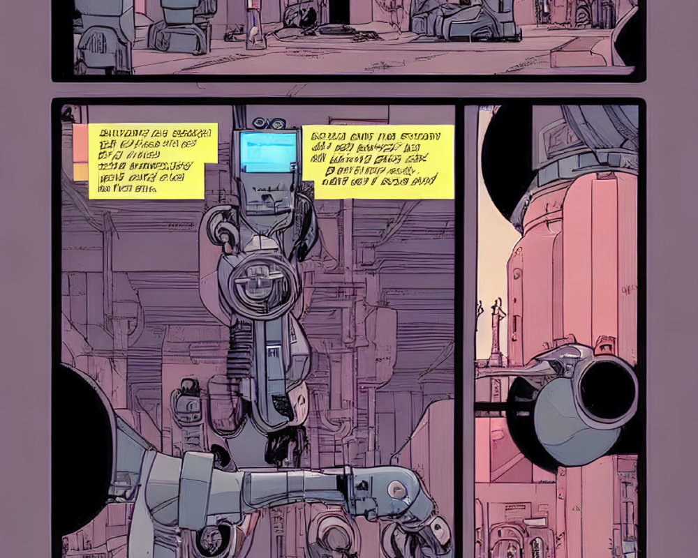 Futuristic robots in purple-toned comic workshop