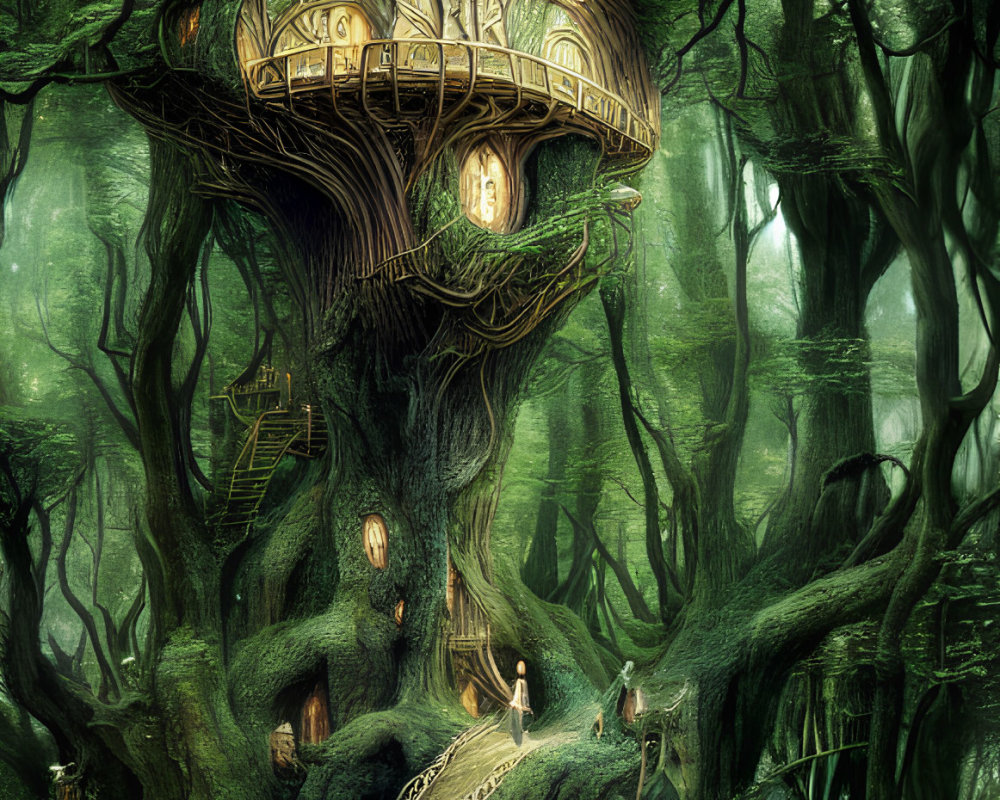 Enchanting treehouse in lush forest with spiral staircase