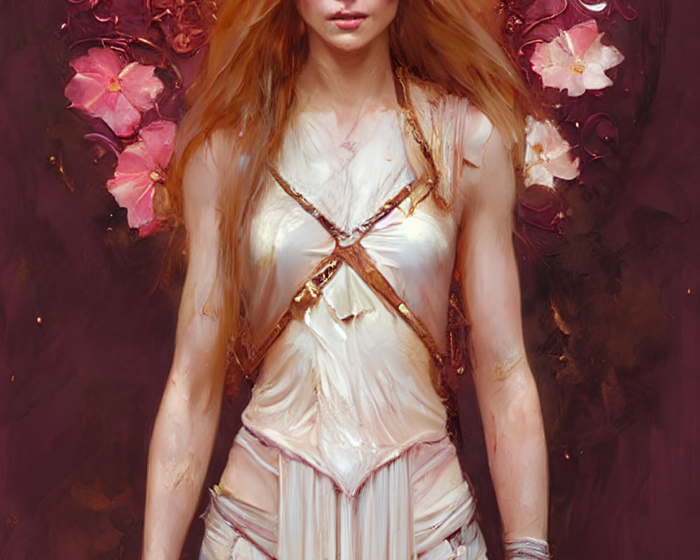 Fantasy painting of woman with blonde hair, crown, staff, flowers & symbols