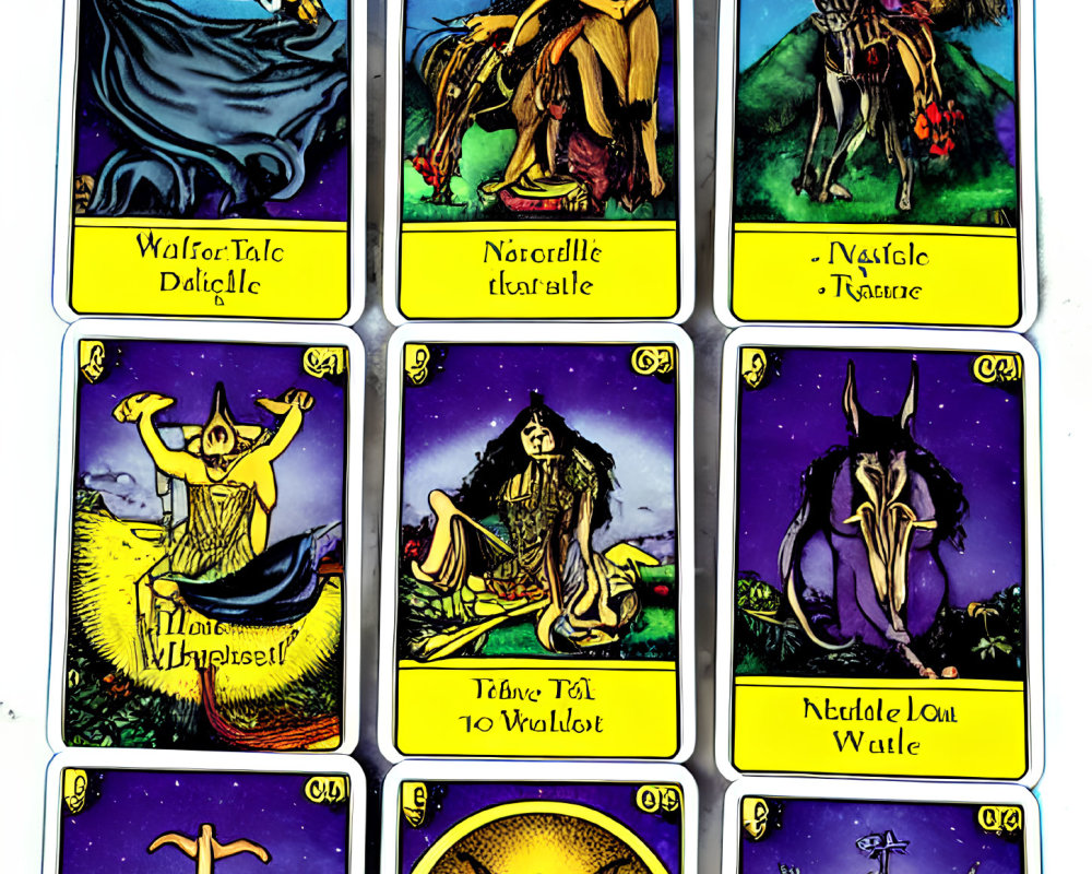 Vivid celestial and mythical tarot card illustrations in 3x3 grid