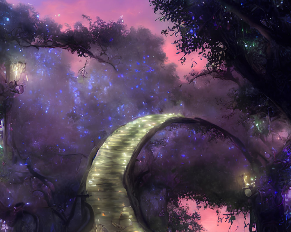 Enchanting forest path with stone bridge and lanterns at night