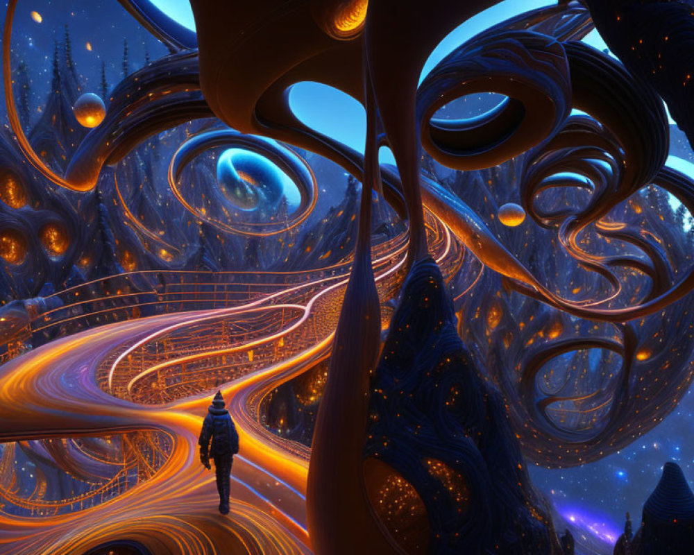 Person standing on surreal fractal pathway under starry sky