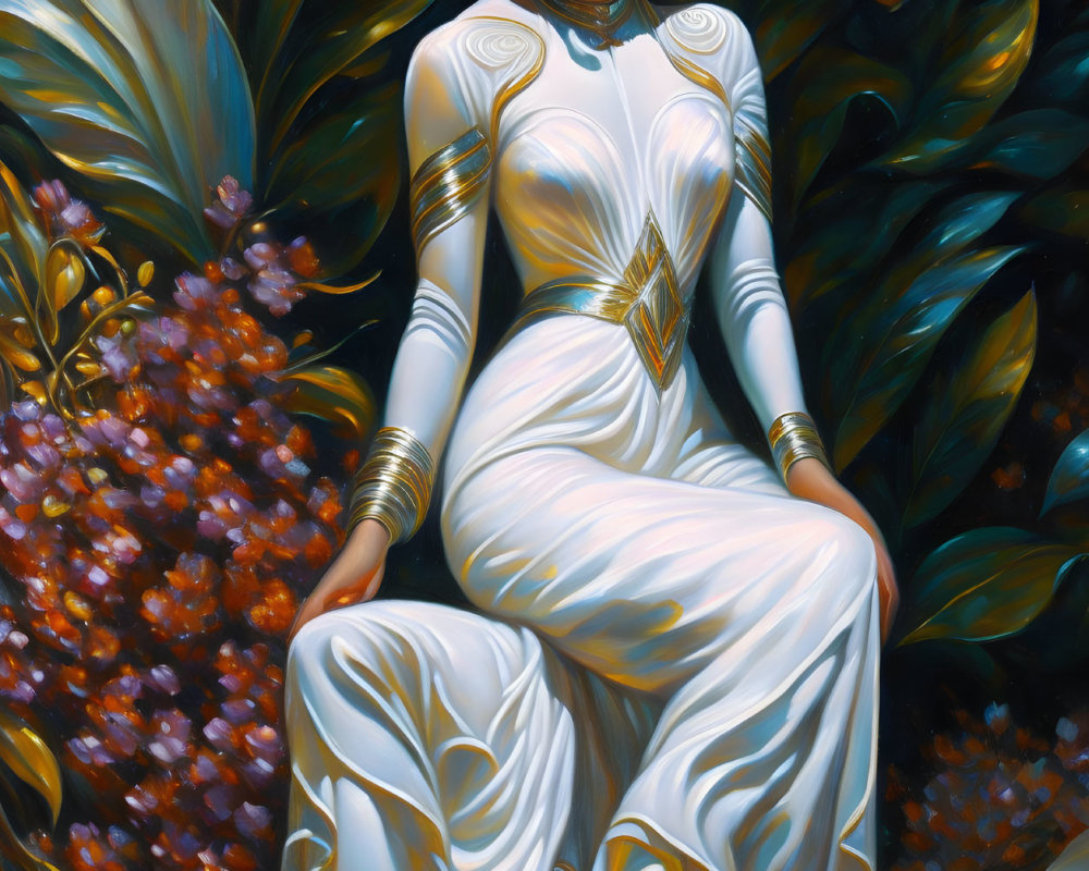 Serene figure in white and gold outfit surrounded by lush greenery