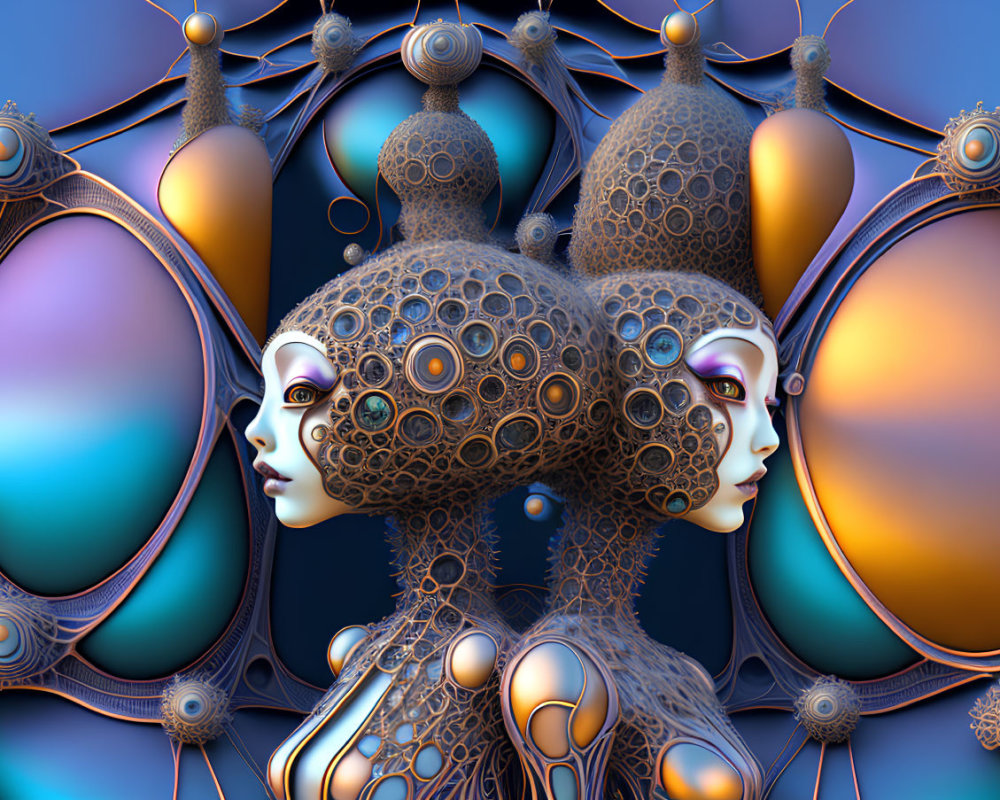 Stylized female faces with ornate headdresses in surreal digital art