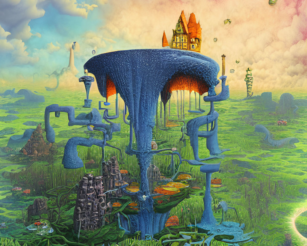 Colorful surreal landscape with waterfall, whimsical architecture, and floating islands.