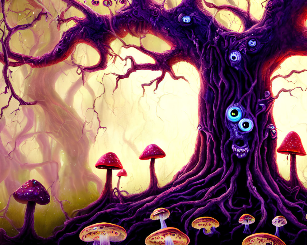 Fantastical illustration: Large tree with eyes, colorful mushrooms in enchanted forest