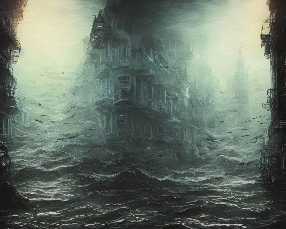 Dystopian cityscape submerged in stormy water under yellow sky