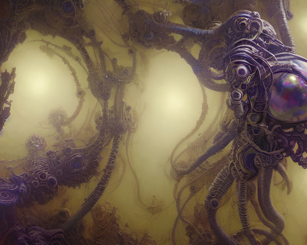 Surreal mechanical octopus with orb head and robotic tentacles in luminous foggy setting