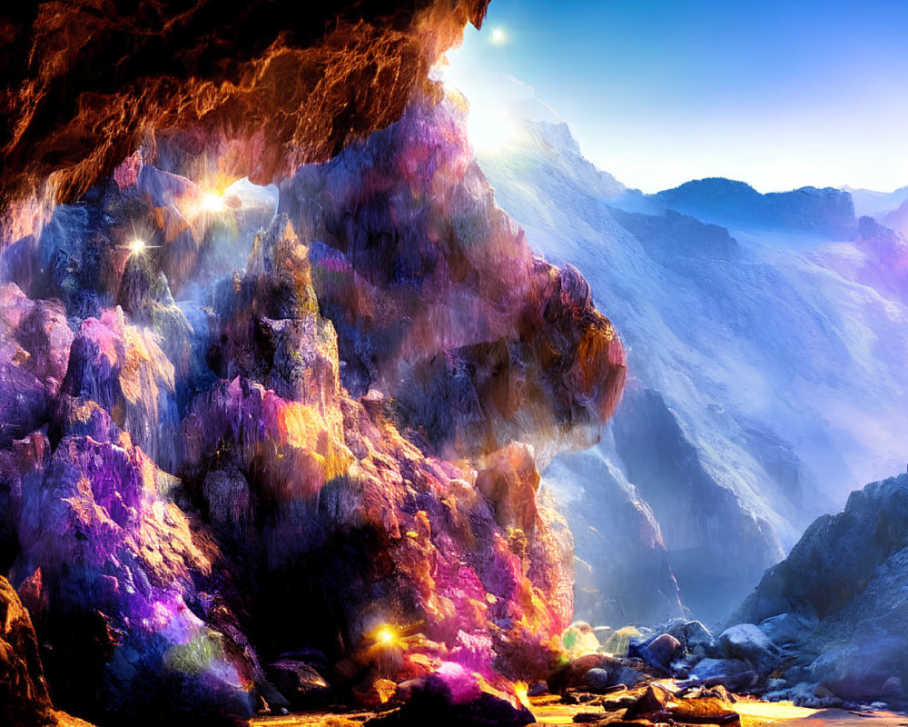 Colorful Cave and Sunrise Illuminated Mountains in Digital Art