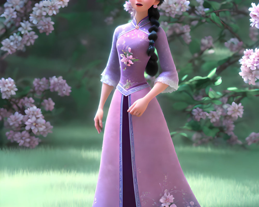 Young woman in traditional purple dress surrounded by cherry blossoms.