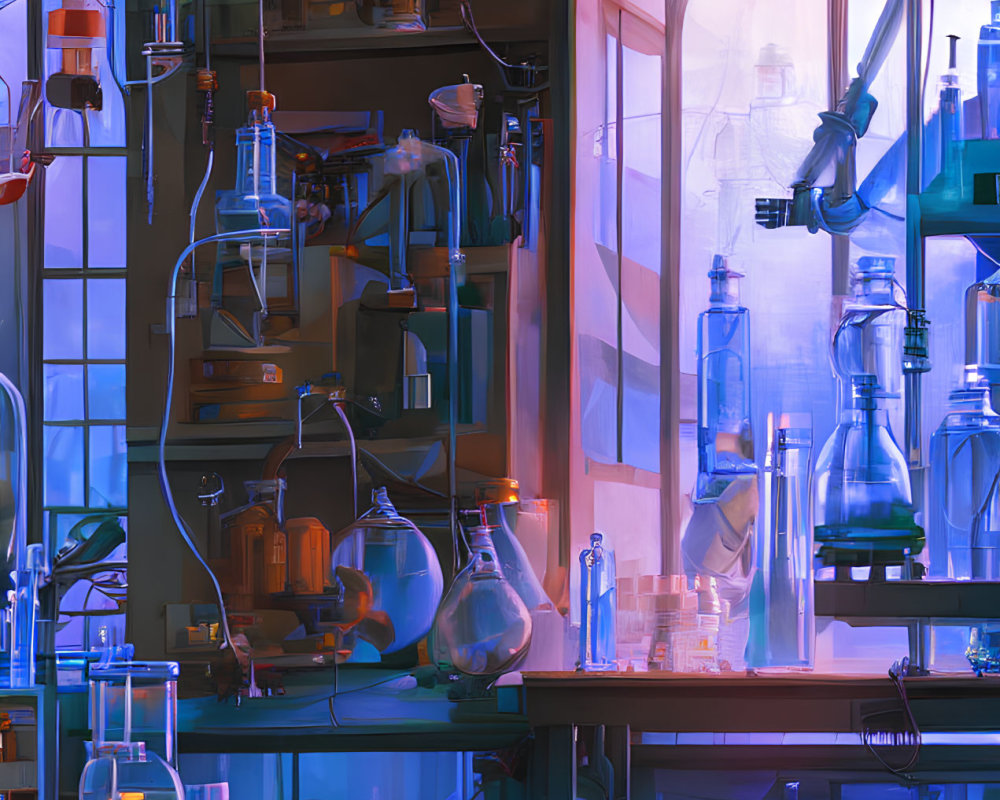 Colorful laboratory scene with glass containers and scientific equipment