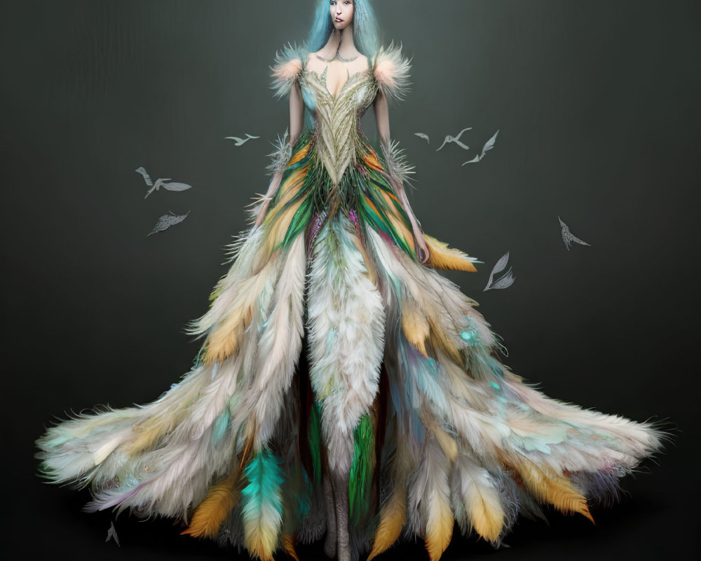 Blue-haired figure in feathered gown with flying birds