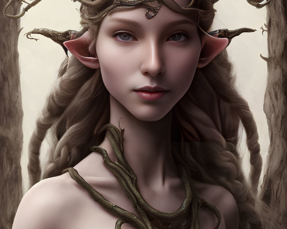 Female Elf Illustration with Pointed Ears and Branch Crown