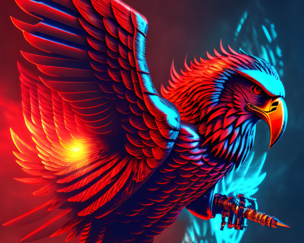 Colorful Eagle Artwork with Red and Blue Feathers on Contrasting Background