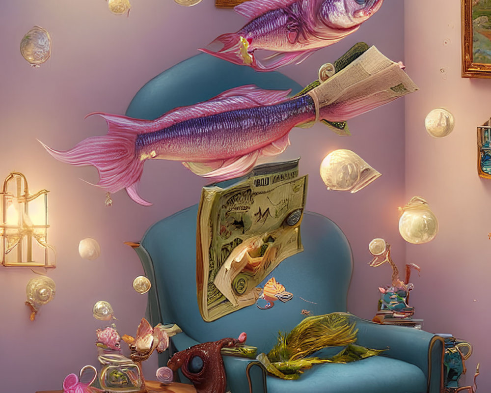 Floating fish room with gravity-defying furniture and glowing bubbles