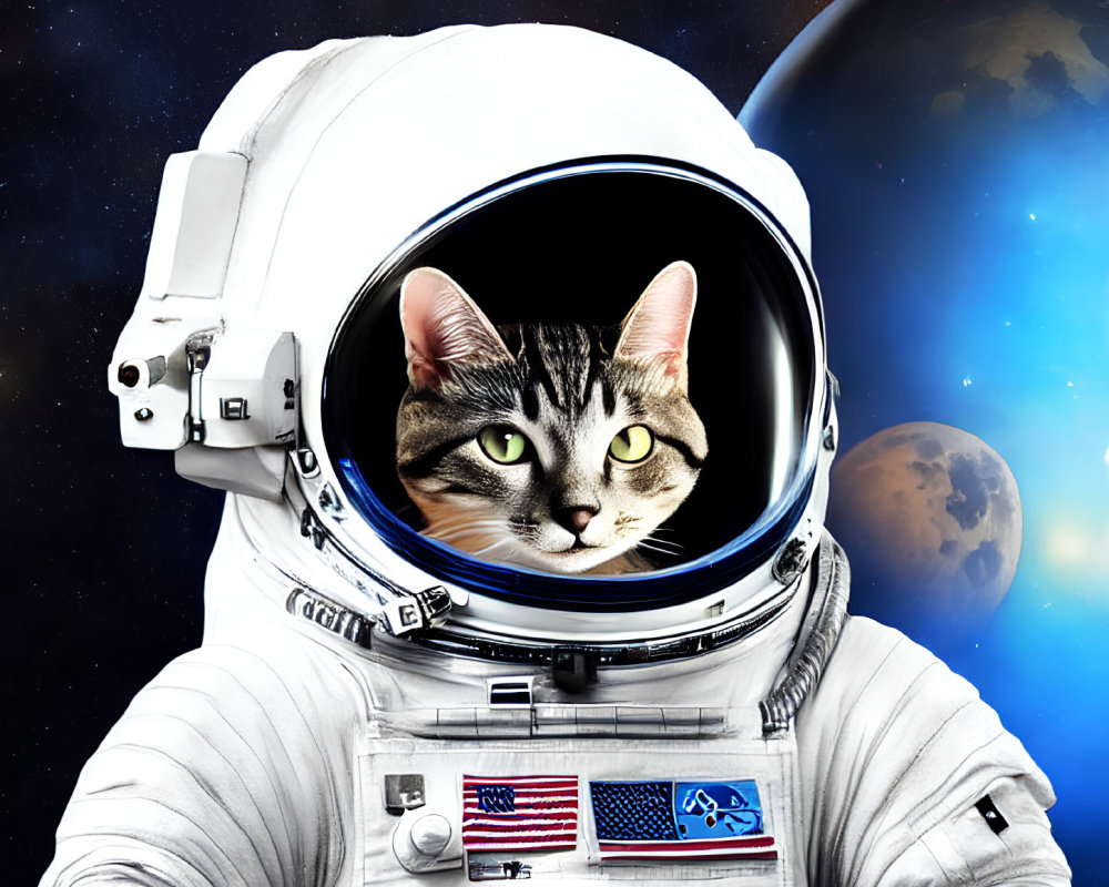 Tabby cat's face in astronaut helmet with Earth and moon in space