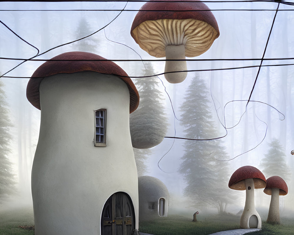 Illustration of Mushroom-Shaped Houses in Misty Forest with Power Lines