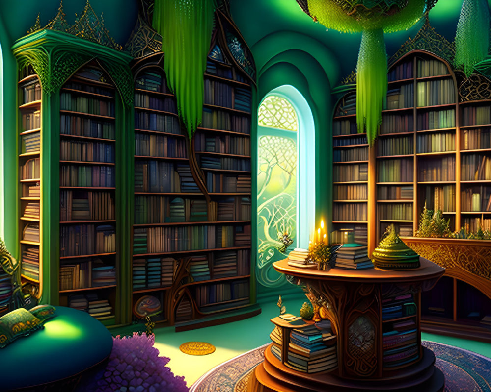 Fantasy library with towering bookshelves and stained-glass windows