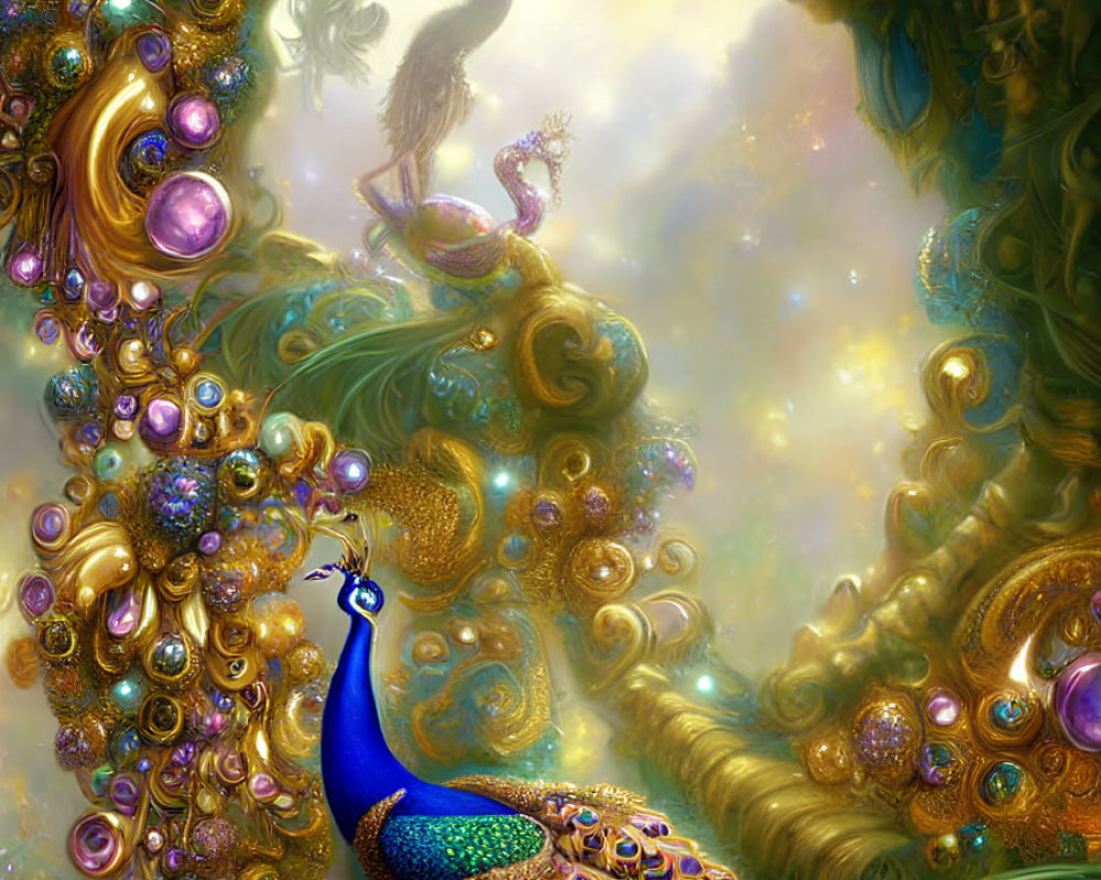 Colorful Peacock Surrounded by Gems and Unicorn in Golden Setting