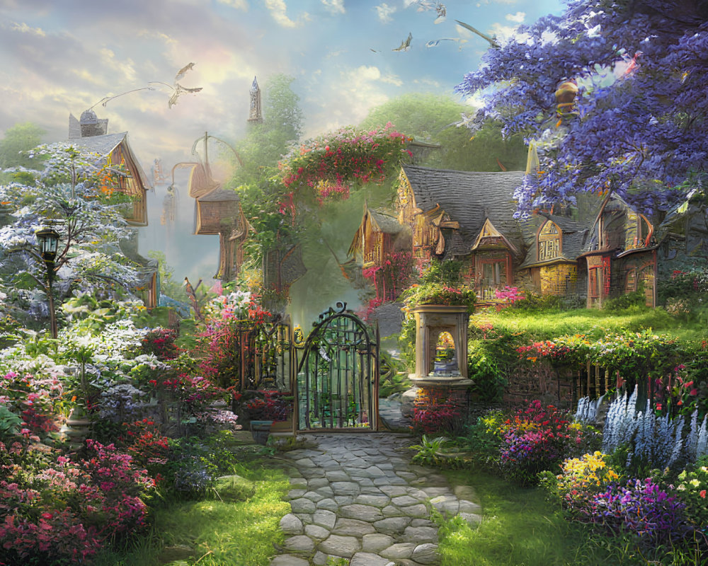 Whimsical garden path to quaint stone cottage with colorful flowers